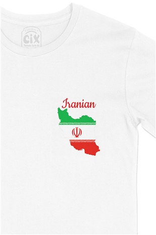 İran Haritalı ve Bayraklı Cep Logo Tasarımlı Beyaz Tişört