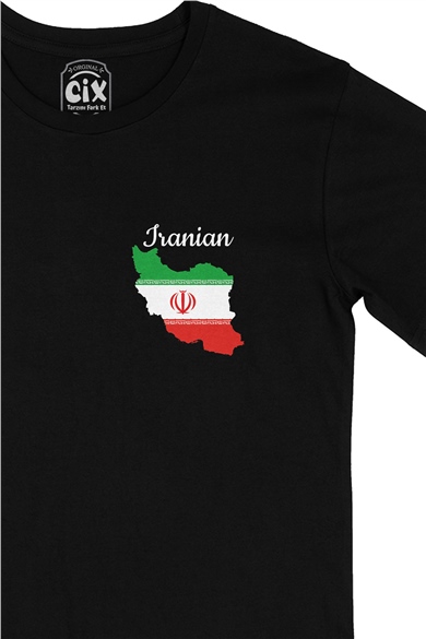 İran Haritalı ve Bayraklı Cep Logo Tasarımlı Siyah Tişört