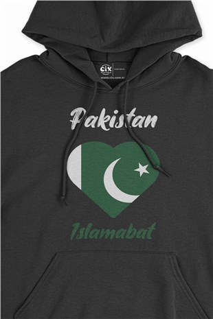İslamabat Pakistan Bayraklı Kalpli Siyah Sweatshirt Hoodie