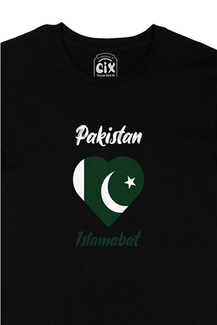 İslamabat Pakistan Bayraklı Kalpli Siyah Tişört
