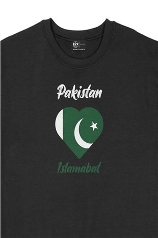 İslamabat Pakistan Bayraklı Kalpli Siyah Sweatshirt