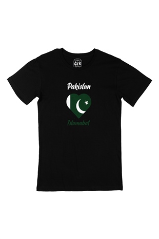 İslamabat Pakistan Bayraklı Kalpli Siyah Tişört