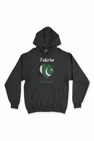 İslamabat Pakistan Bayraklı Kalpli Siyah Sweatshirt Hoodie