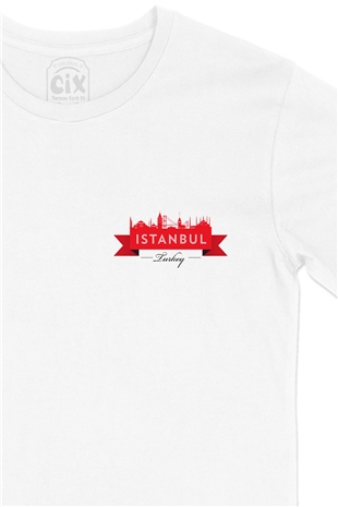 İstanbul Tasarımlı Cep Logo Tasarımlı Beyaz Tişört