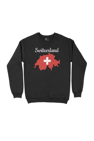 İsviçre Haritalı ve Bayraklı Siyah Sweatshirt