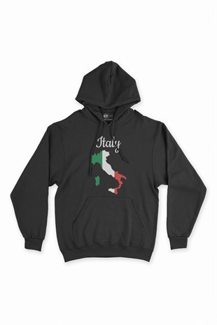 İtalya Haritalı ve Bayraklı Siyah Kapşonlu Sweatshirt Hoodie