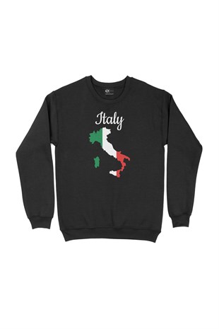 İtalya Haritalı ve Bayraklı Siyah Sweatshirt