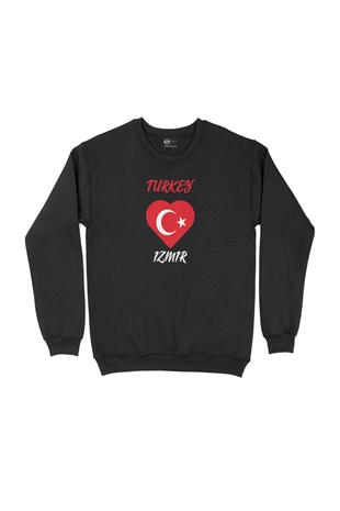 İzmir Türkiye Bayraklı Kalpli Siyah Sweatshirt