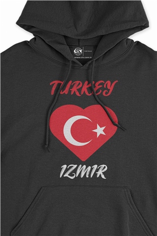 İzmir Türkiye Bayraklı Kalpli Siyah Sweatshirt Hoodie