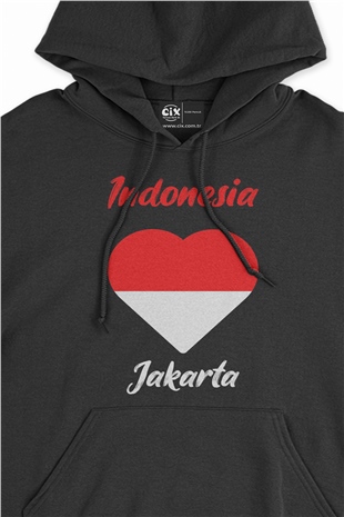 Jakarta Endonezya Bayraklı Kalpli Siyah Sweatshirt Hoodie