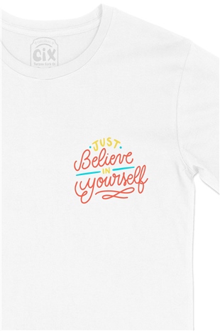 Just Believe In Yourself Cep Logo Tasarımlı Beyaz Tişört