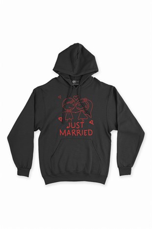 Just Married Çizimli Siyah Kapşonlu Sweatshirt Hoodie