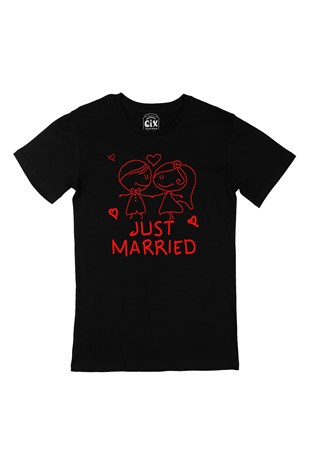 Just Married Çizimli Siyah Tişört