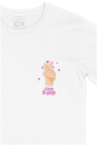 K Pop Finger Heart Cep Logo Tasarımlı Beyaz Tişört