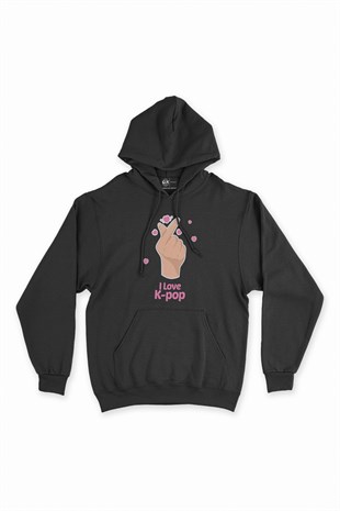 K Pop Finger Heart Siyah Kapşonlu Sweatshirt Hoodie