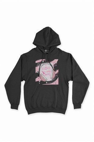 K-Pop Kulaklık Tasarımlı Siyah Kapşonlu Sweatshirt Hoodie
