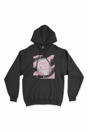 K-Pop Kulaklık Tasarımlı Siyah Kapşonlu Sweatshirt Hoodie