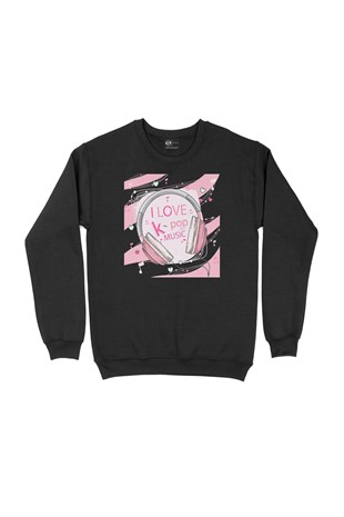 K-Pop Kulaklık Tasarımlı Siyah Sweatshirt