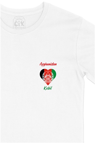 Kabil Afganistan Bayraklı Kalpli Cep Logo Tasarımlı Beyaz Tişört