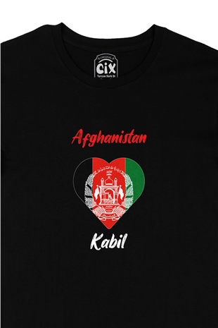 Kabil Afganistan Bayraklı Kalpli Siyah Tişört