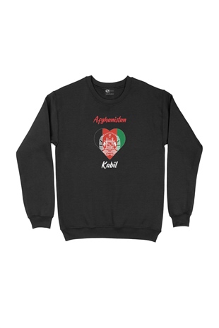 Kabil Afganistan Bayraklı Kalpli Siyah Sweatshirt