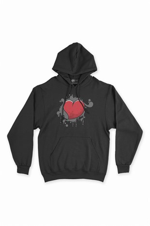 Kalp Desenli Siyah Kapşonlu Sweatshirt Hoodie