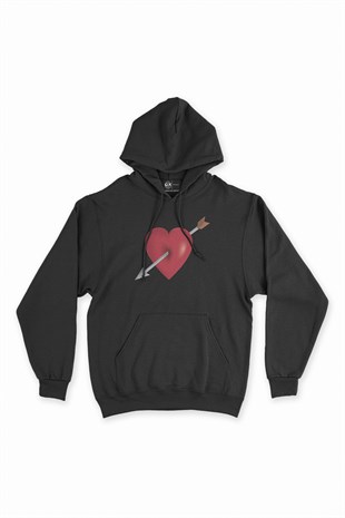 Kalp Ve Ok Siyah Kapşonlu Sweatshirt Hoodie