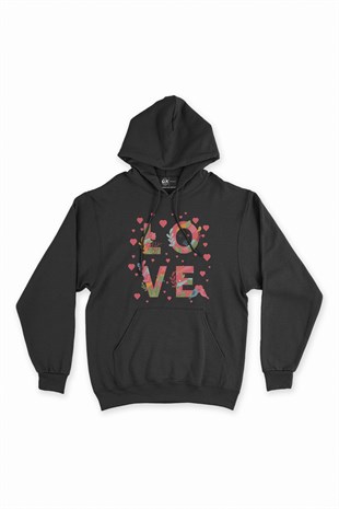 Kalpli Love Yazılı Siyah Kapşonlu Sweatshirt Hoodie