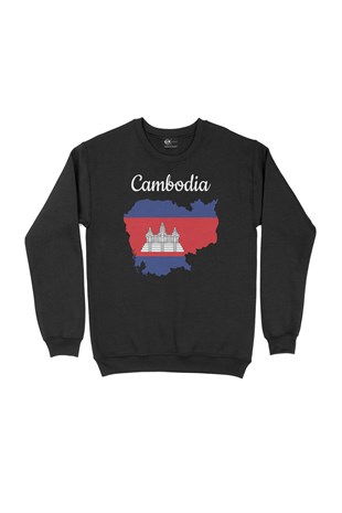 Kamboçya Haritalı ve Bayraklı Siyah Sweatshirt