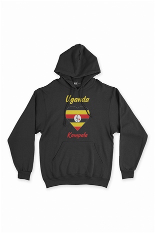 Kampala Uganda Bayraklı Kalpli Siyah Sweatshirt Hoodie