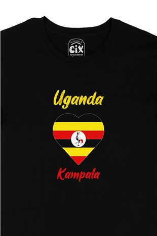 Kampala Uganda Bayraklı Kalpli Siyah Tişört