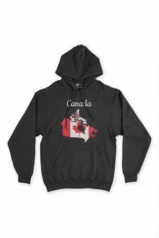 Kanada Haritalı ve Bayraklı Siyah Kapşonlu Sweatshirt Hoodie
