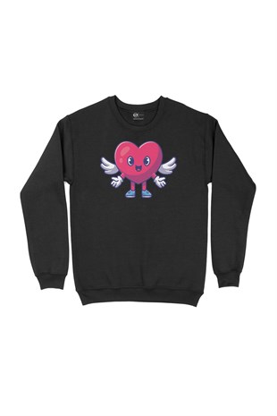 Kanatlı Melek Kalp Siyah Sweatshirt