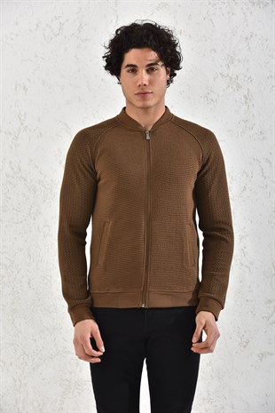 Kapitone Fermuarlı Mevsimlik Camel Çizgili Hırka Mont