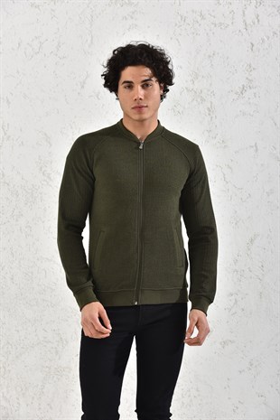 Kapitone Fermuarlı Mevsimlik Camel Çizgili Hırka Mont