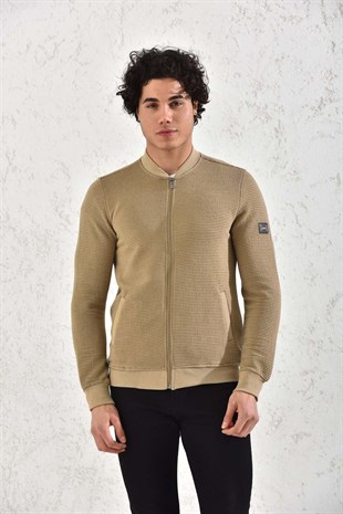 Kapitone Fermuarlı Mevsimlik Camel Düz Çizgili Hırka Mont