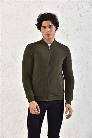 Kapitone Fermuarlı Mevsimlik Camel Düz Çizgili Hırka Mont