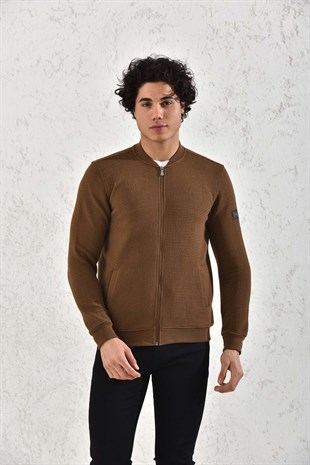 Kapitone Fermuarlı Mevsimlik Camel Düz Çizgili Hırka Mont