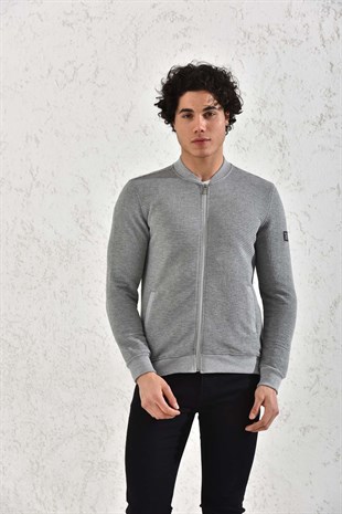 Kapitone Fermuarlı Mevsimlik Camel Düz Çizgili Hırka Mont