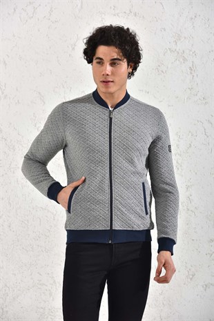 Kapitone Fermuarlı Mevsimlik Gri Baklava Desenli Hırka Mont