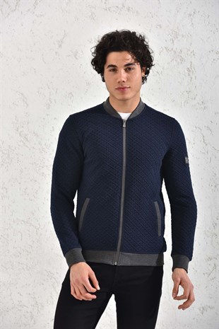 Kapitone Fermuarlı Mevsimlik Gri Baklava Desenli Hırka Mont