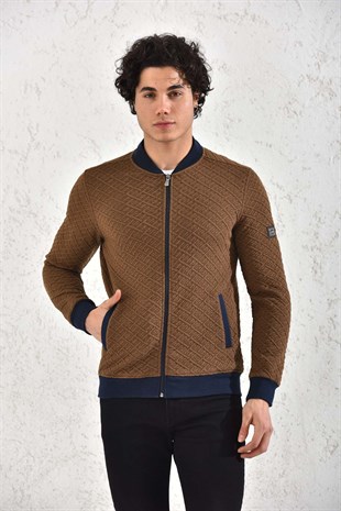 Kapitone Fermuarlı Mevsimlik Gri Baklava Desenli Hırka Mont