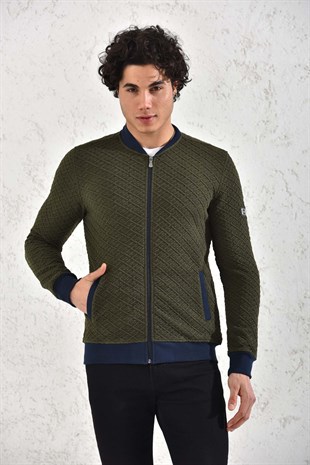 Kapitone Fermuarlı Mevsimlik Gri Baklava Desenli Hırka Mont