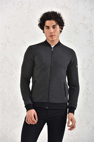 Kapitone Fermuarlı Mevsimlik Gri Baklava Desenli Hırka Mont