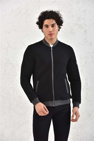 Kapitone Fermuarlı Mevsimlik Gri Baklava Desenli Hırka Mont