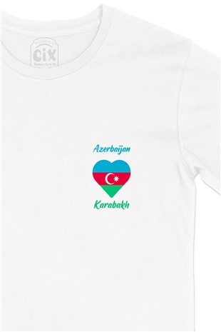 Karabağ Azerbaycan Bayraklı Kalpli Cep Logo Tasarımlı Beyaz Tişört