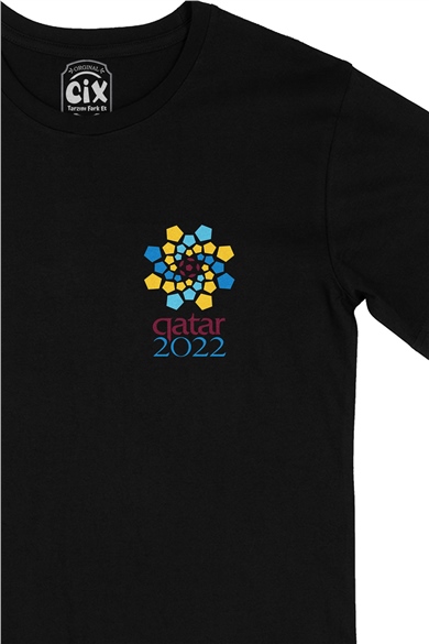Katar 2022 Dünya Kupası Cep Logo Tasarımlı Siyah Tişört