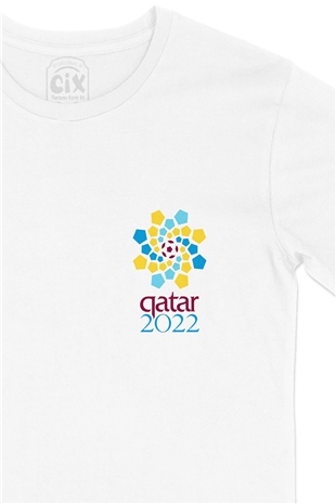 Katar 2022 Dünya Kupası Cep Logo Tasarımlı Beyaz Tişört