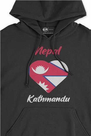 Katmandu Nepal Bayraklı Kalpli Siyah Sweatshirt Hoodie