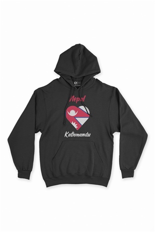 Katmandu Nepal Bayraklı Kalpli Siyah Sweatshirt Hoodie